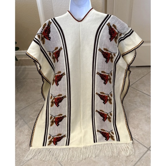Vtg 70s Knit Red Bird Poncho Nuthatch Cream Fringe Cape Southwestern Boho OS - Picture 4 of 7